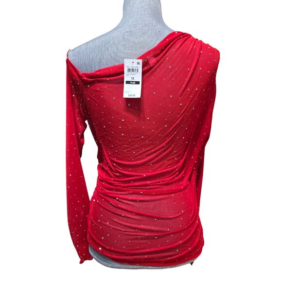 Bar III Trendy Plus Embellished Off-Shoulder Mesh Red Top 1X NWT - Picture 3 of 7